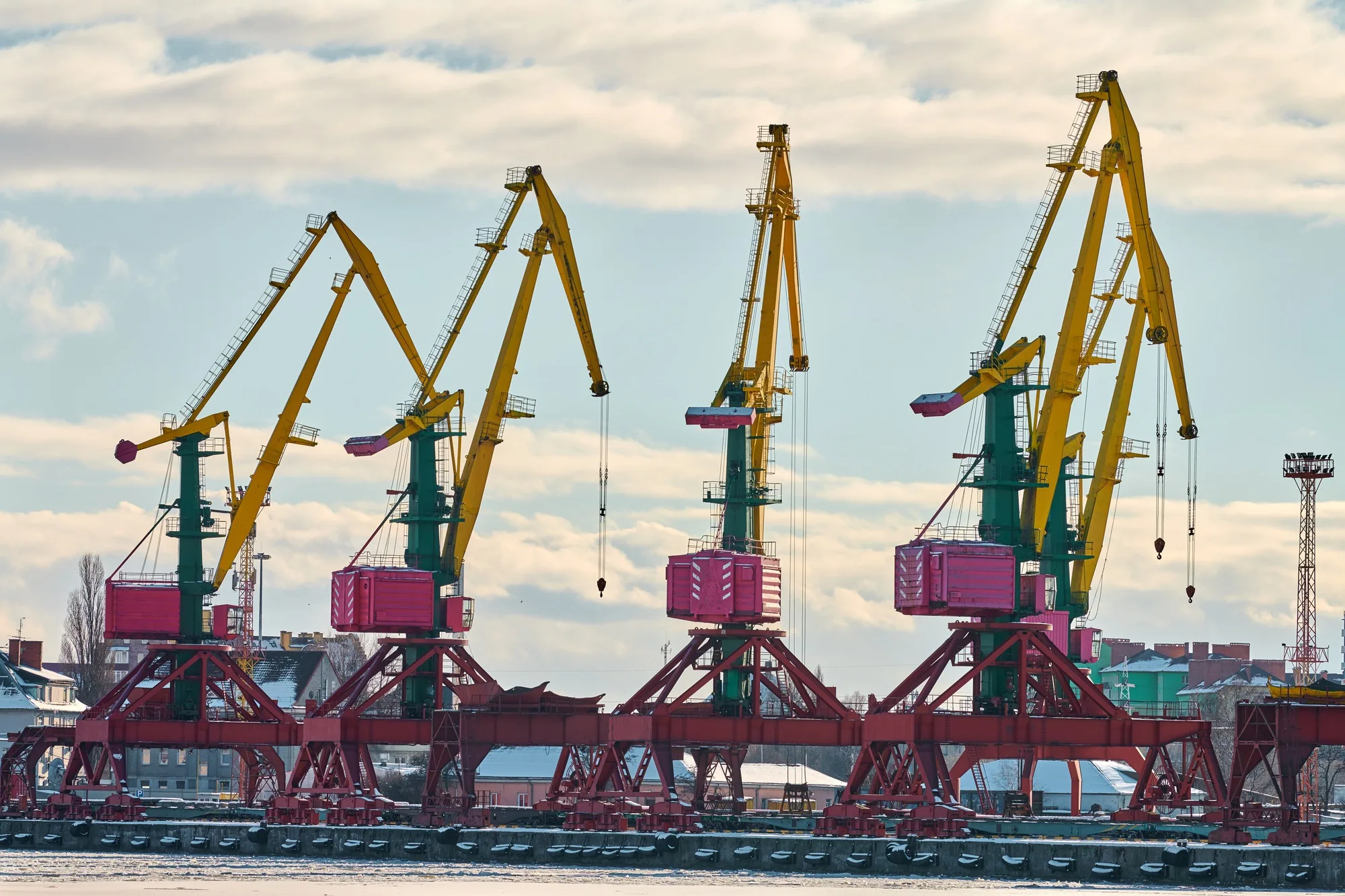 Harbor cranes, container ship terminal, cargo container yard